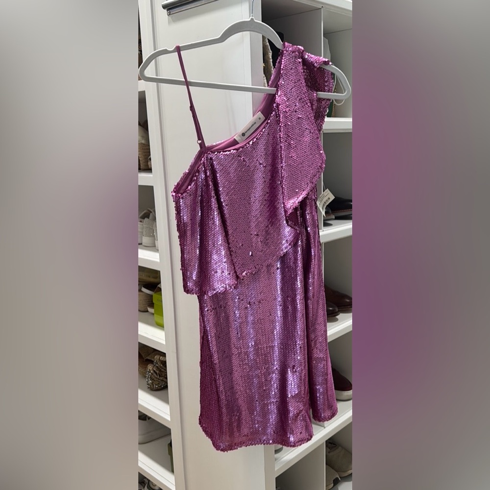 Pink one shoulder sequin dress.